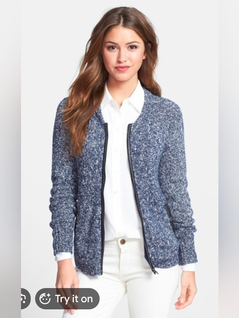 NWT Caslon Navy Marled Zip-Up Cardigan with Contrast Trim Size Large